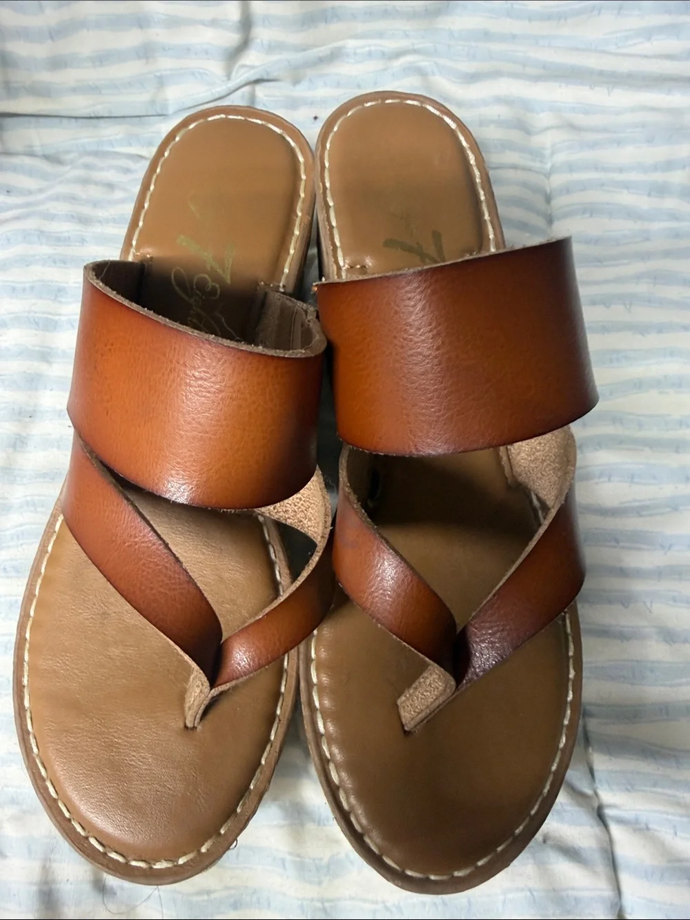 Women's Tan Leather Wedge Slide Sandals